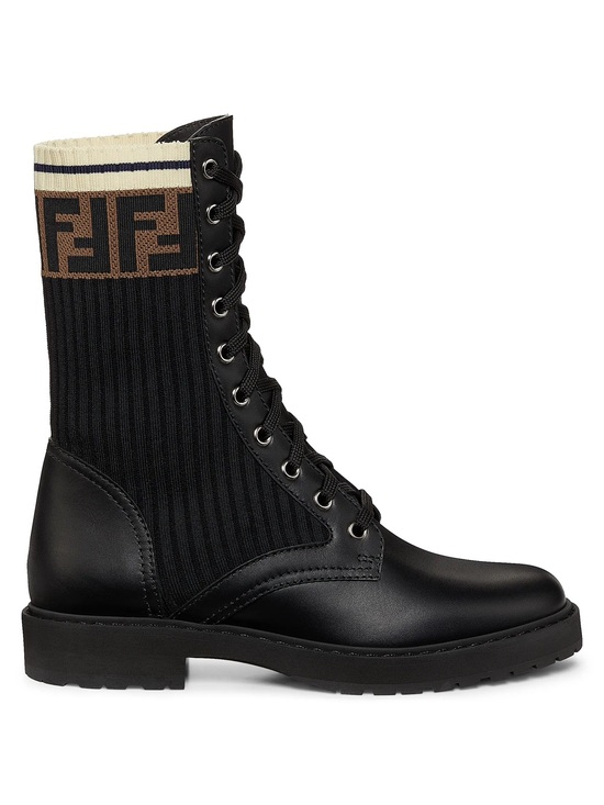 Fendi Shoes - Fendi Black Leather Combat Boots with Monogram Knit Cuff